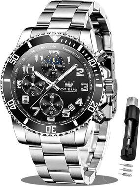 Men's Silver And Black Stainless Steel Chronograph Analog Quartz Luxury Watch